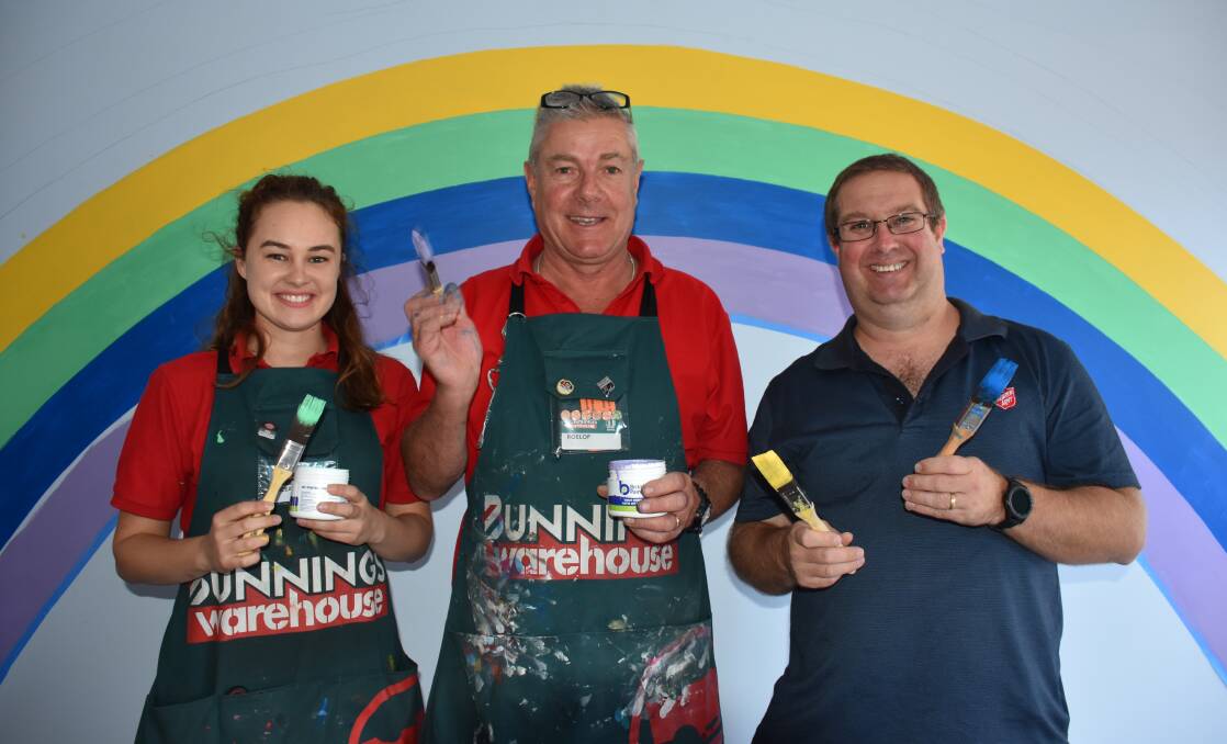 Bunnings Busselton staff members Breeanna and Roley helped Salvation Army South West captain Mark Schatz redecorate the children's area of the Salvo's hall on Kent Street.
