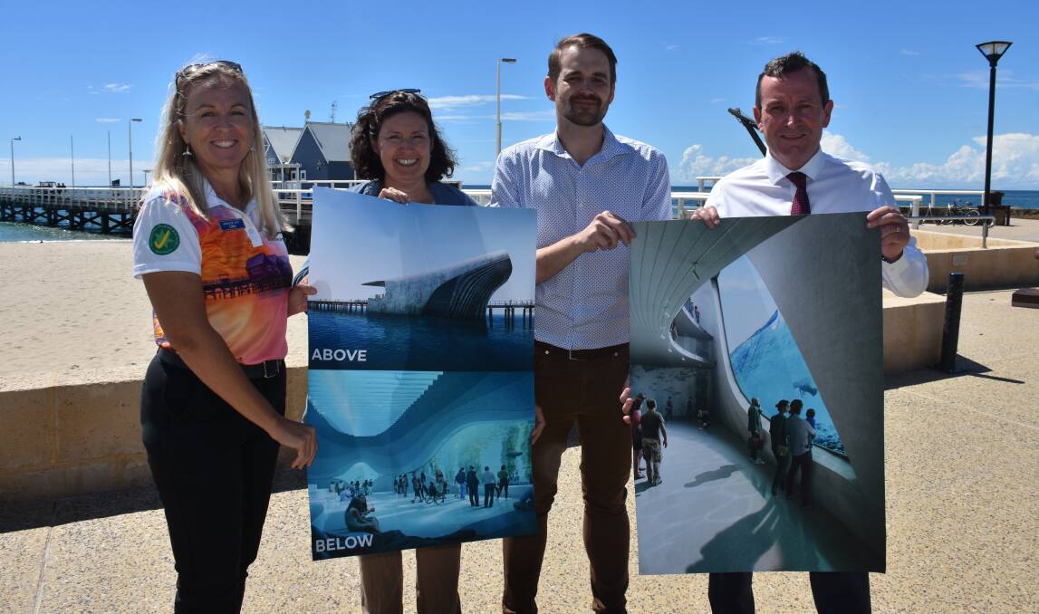 Busselton Jetty chief executive Lisa Shreeve, Labor candidates Jackie Jarvis, Chris Hossen and Premier Mark McGowan at the Busselton Jetty.