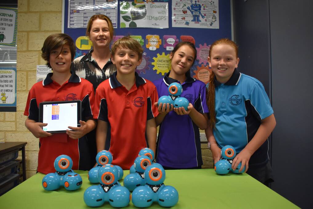 Geographe Primary School teacher Mary Ellen Sutherland and Year 4 students Maverick, Lincoln, Claire and Jorja.