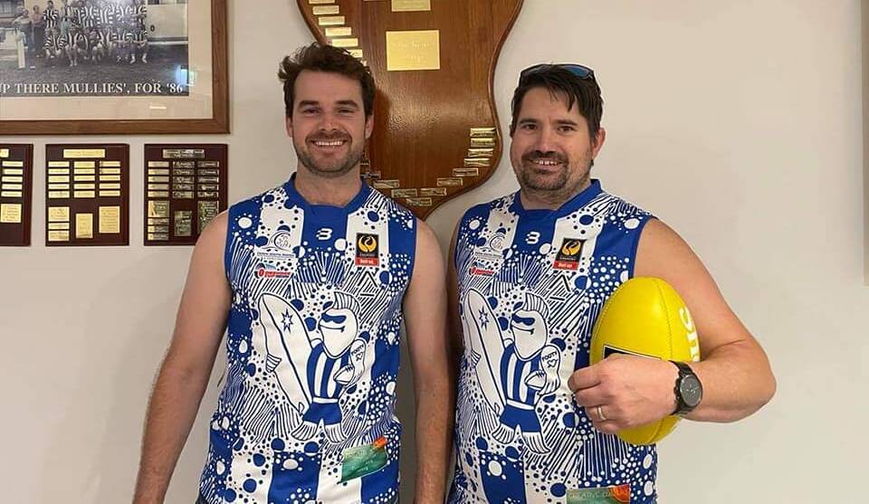 Dunsborough Mullies vice captain John Ward and captain Terry Allen in their team jumper designed by Aboriginal artist Lea Taylor. Image supplied.