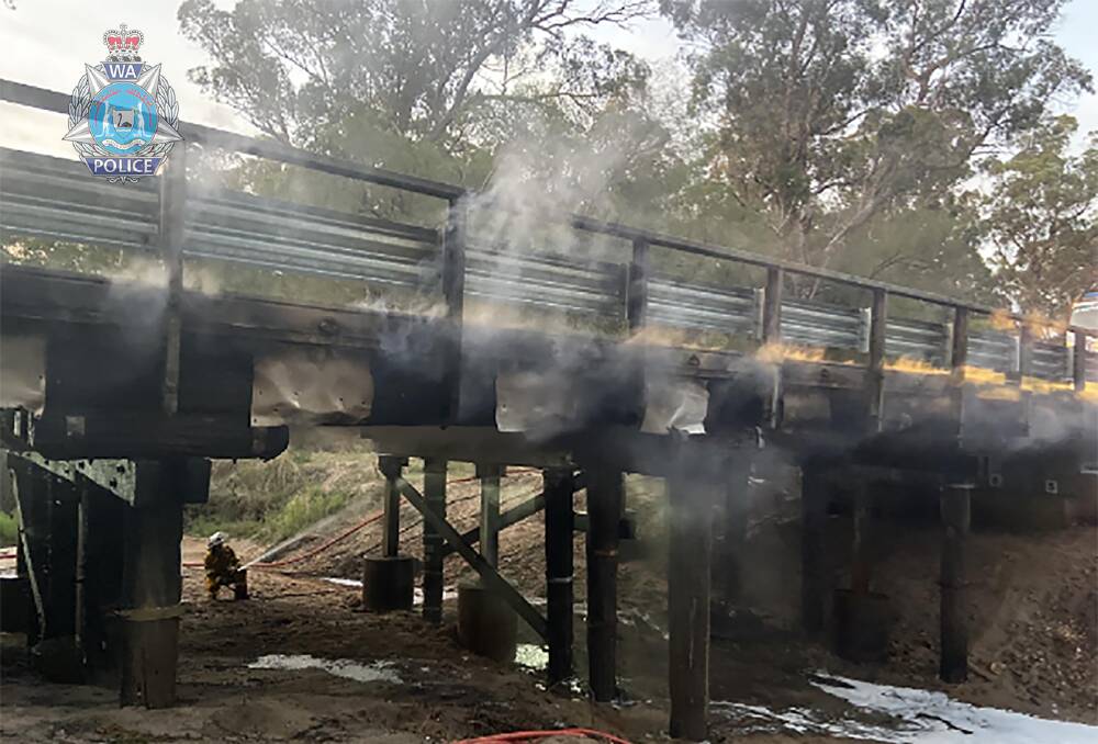 Busselton detectives are seeking information about a Wonnerup bridge and vehicle fire which occurred on Wednesday March 25, 2020. Image supplied.