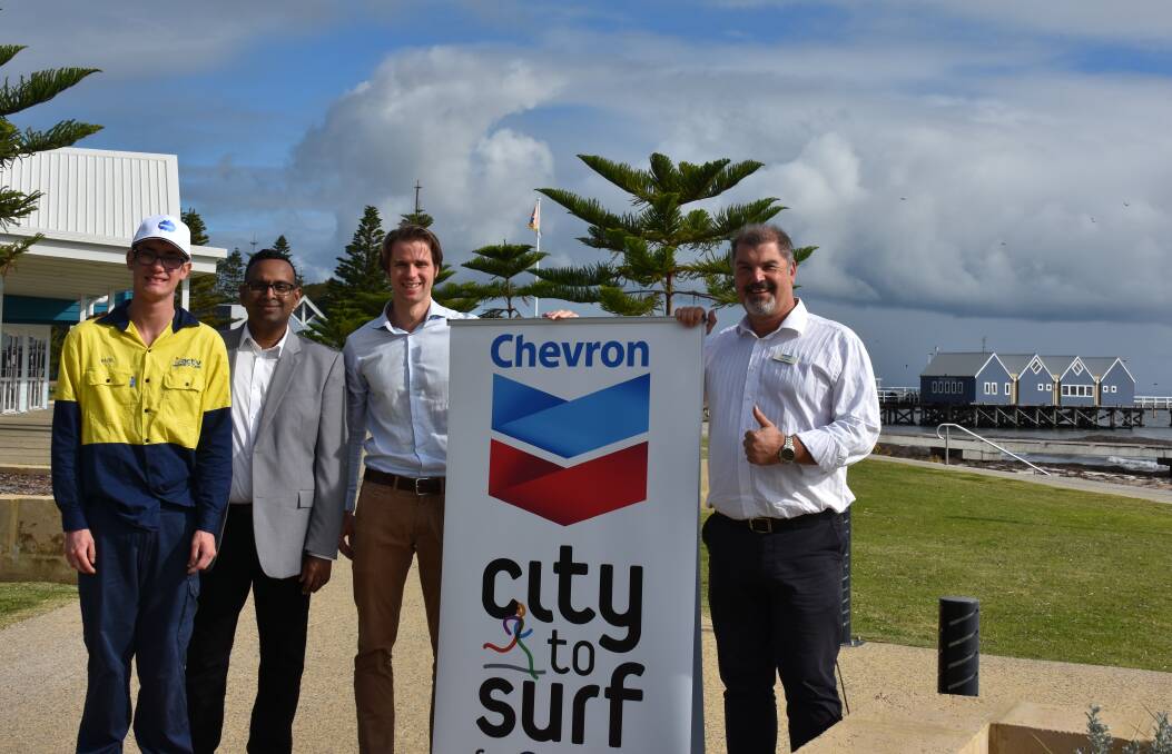 City to Surf ambassador Raziel Pollard, sponsorship manager Dharshan Elikewela, operations manager Anthony Bamford and City of Busselton mayor Grant Henley.