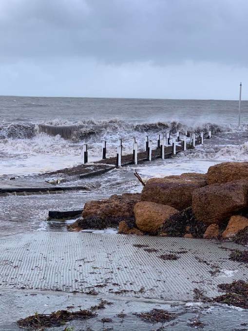 Abey Beach boat ramp swamped by a storm in May 2020. Photo by Robyn Sumich.