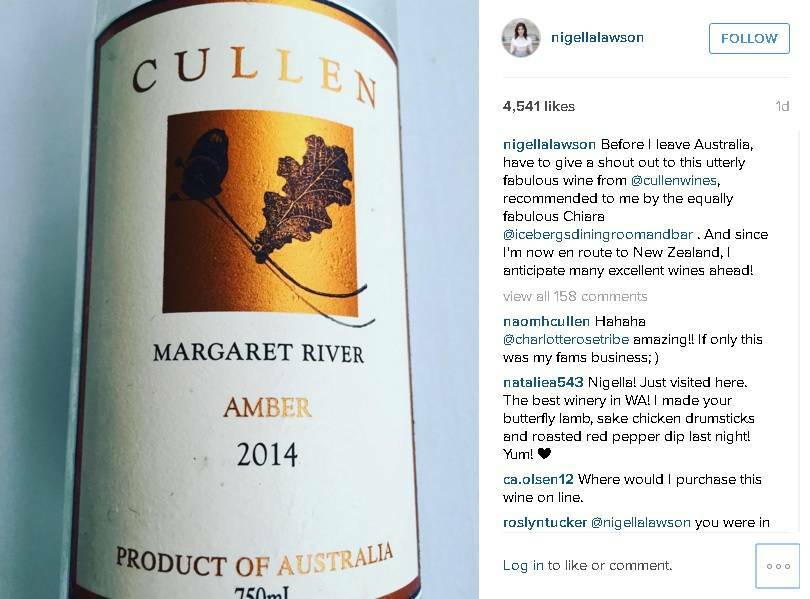 British celebrity chef Nigella Lawson took to Instagram on in 2016 to tell her half-a-million followers about her love of Cullen Wines from Margaret River.