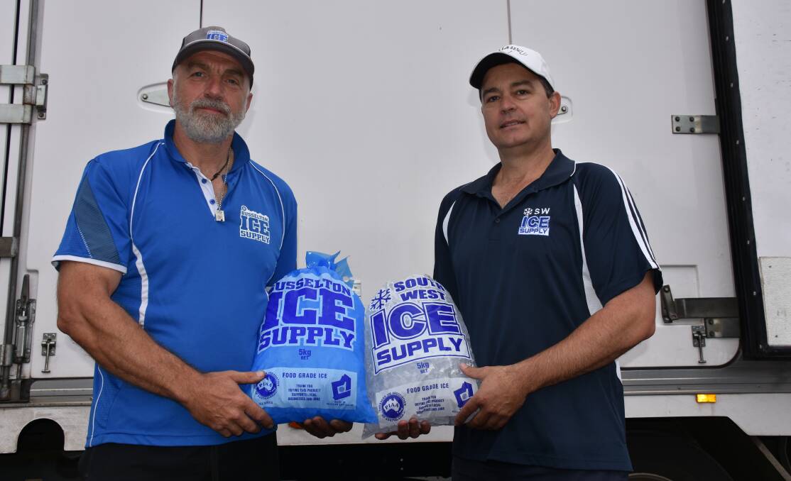 Busselton Ice Supply owner Darren Maisey and South West Ice Supply owner Damian O'Shea are disappointed big retailers are shipping bags of frozen ice from Perth and QLD to stock retail outlets rather than using local suppliers.