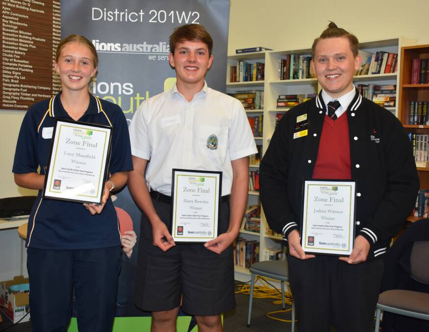 Busselton students Lucy Mansfield, Harrison Bowden and Josh Wittwer will head into the next round of the Lions Youth of the Year competition.