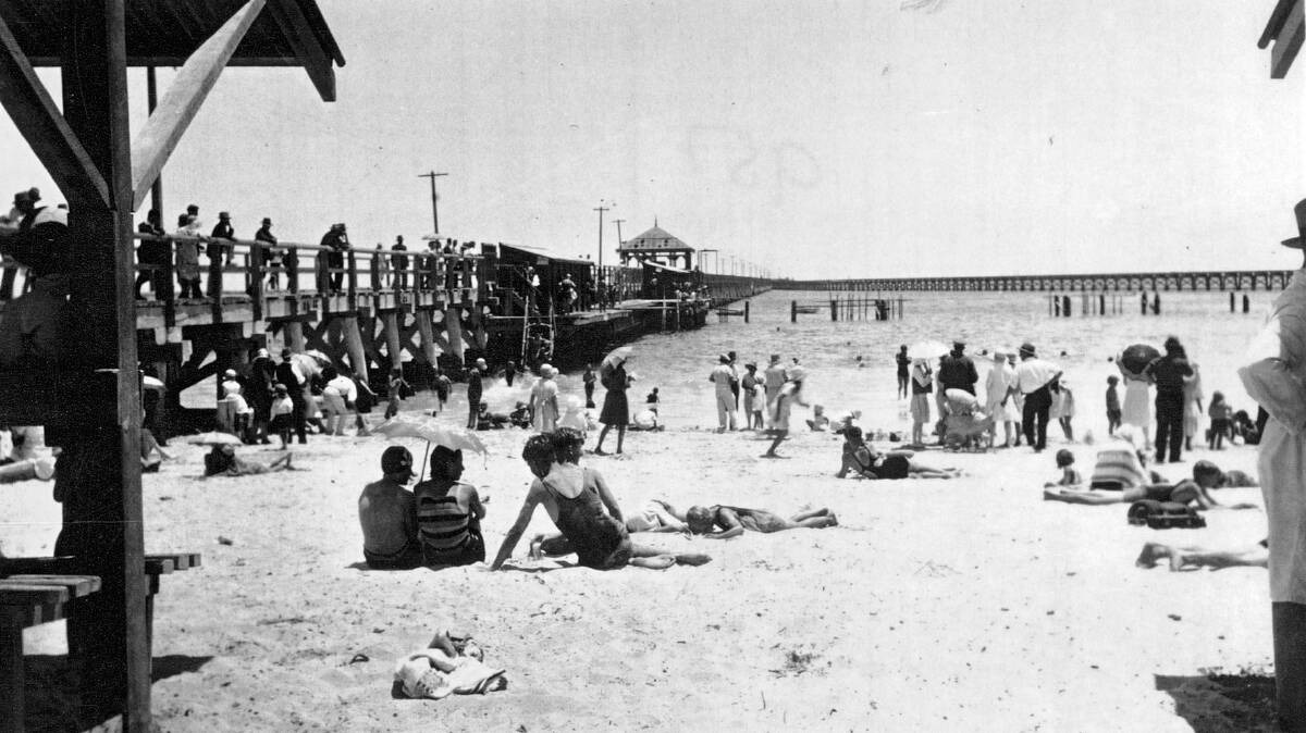Beach goers at the Busselton Jetty during the 1960's. Image supplied.