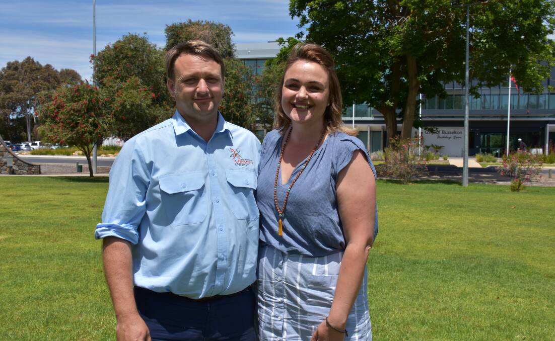 WA Alternative Energy owners Simon and Sarah Barclay. The company was responsible for designing and engineering a 105 kilowatt Tesla battery being used in a world-first community energy trial.