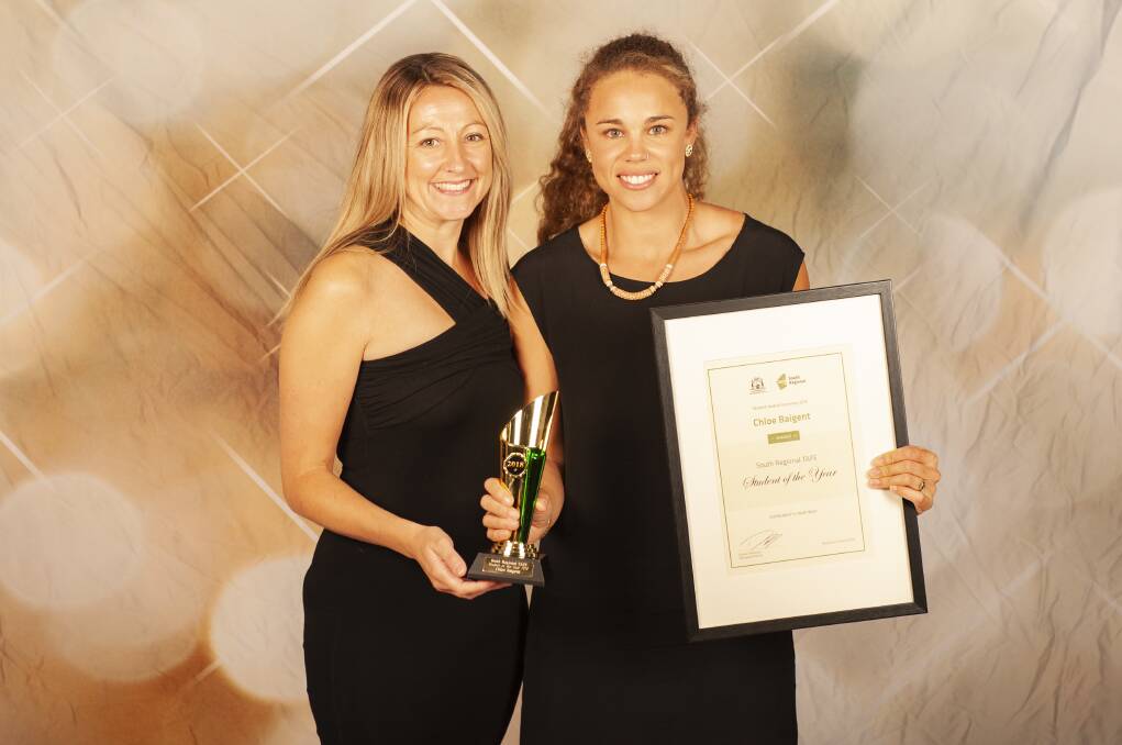 Busselton TAFE Campus manager Lucy Goodhew Lucy Goodhew and student Chloe Baigent who was named a finalist in the WA Training Awards. Image supplied.