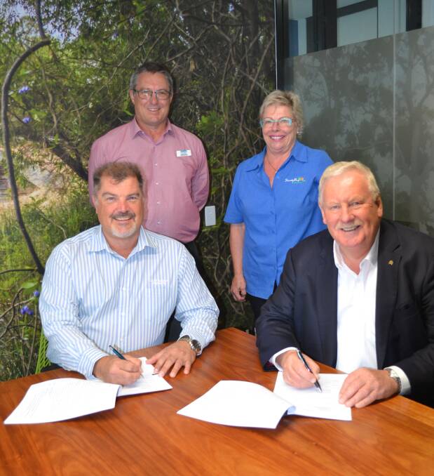 City of Busselton mayor Grant Henley, chief executive officer Mike Archer, Busselton Tennis Club treasurer Sandy Sigelski and president Barry House.