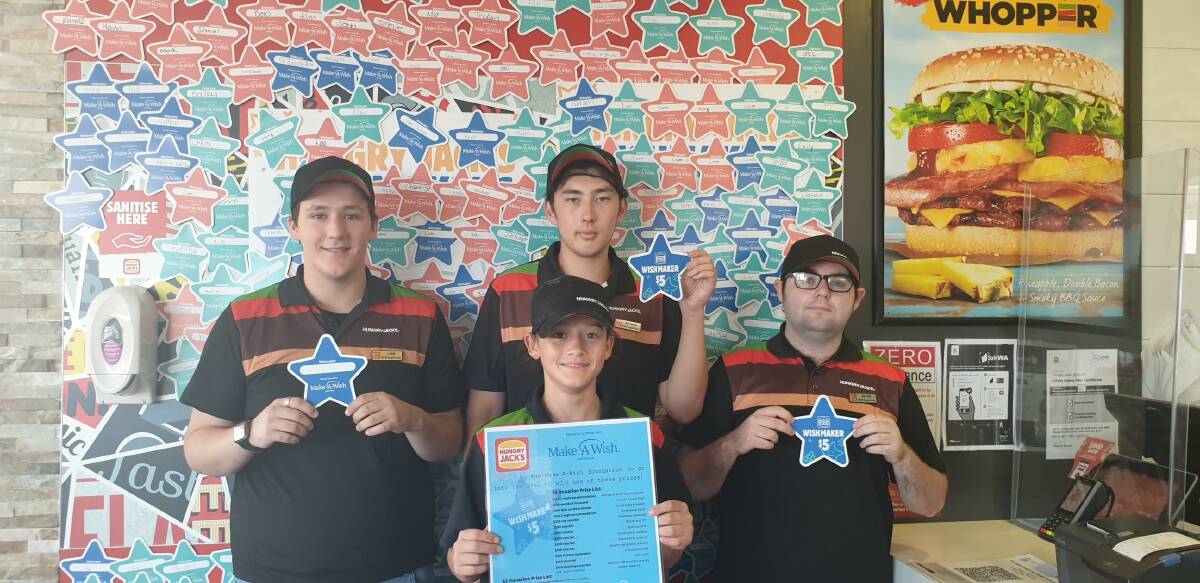 Hungry Jack's Busselton team members Nathan Stevenson, Liam Burge, Jacob Jones and Kyran Morley have helped raise $4,000 so far for the Make a Wish Foundation. Image supplied.