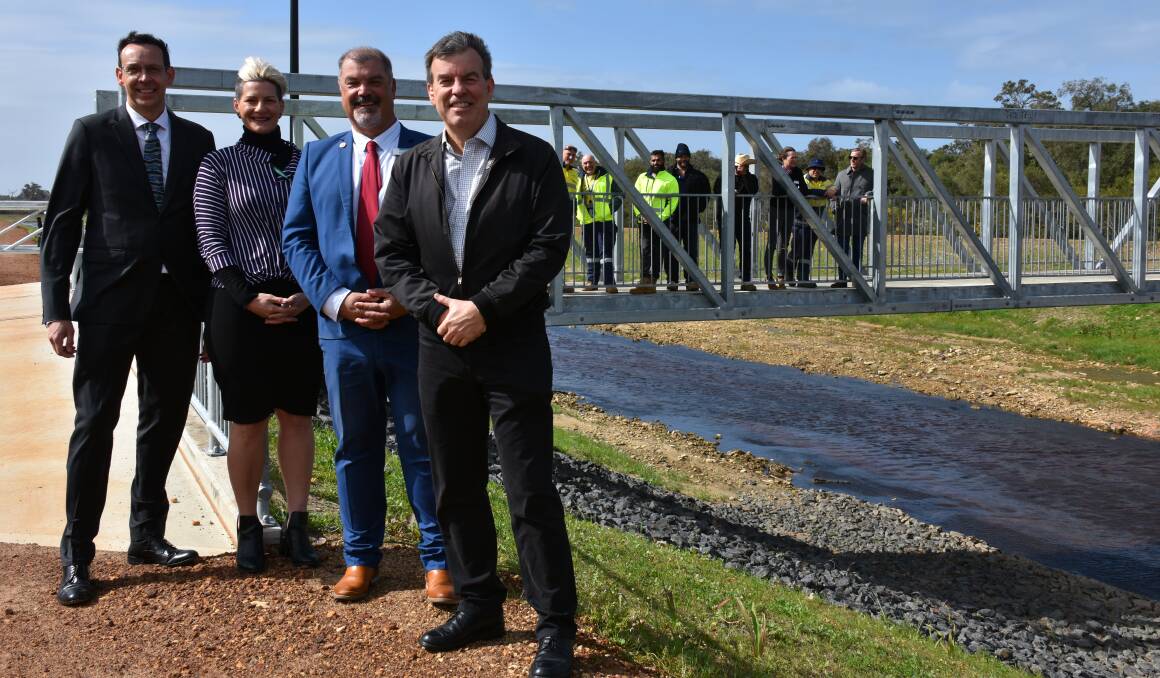 Water Corporation chief executive Pat Donovan, South West manager Nicky Waite, City of Busselton mayor Grant Henley, and water minister Dave Kelly at the Vasse Diversion Drain.