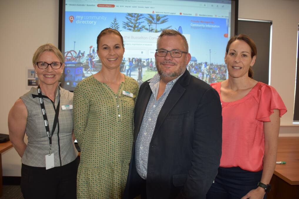 City of Busselton deputy mayor Kelly Hick, councillor Kate Cox, My Community Directory executive director Brentyn Parker and city officer Naomi Davey launch the new app in Busselton.