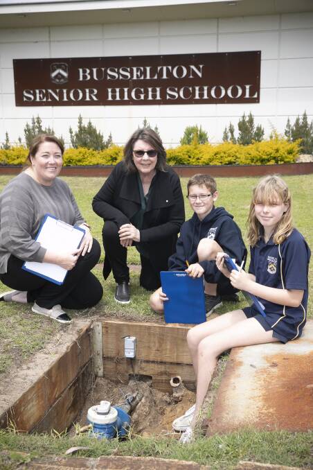 Busselton Senior High School teacher Lea-Ellen Goddard with Busselton Water chair Helen Shervington and Year 7 students completing a water audit. Image supplied.