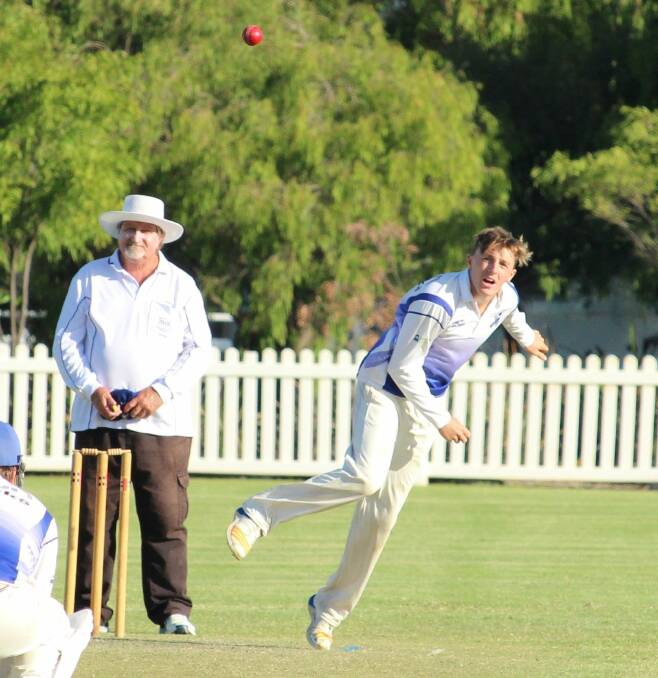 Giving it air: St Marys leg spinner Joe Lowe tosses up a tempter in Saturday's second semi-final against YOBS at Barnard Park. Photo: Vanessa Hatton.