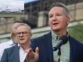 Chris Bowen and Anthony Albanese at last week's media event at Liddell Power Station and, inset, the two RAAF planes on the tarmac at Scone. Main picture by Marina Neil, inset 2GB 