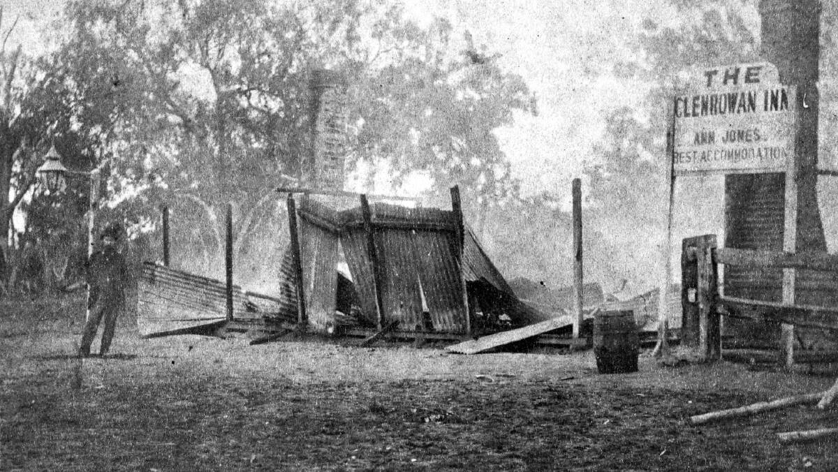 Historic location: The remains of Ann Jones' Glenrowan Inn after the Kelly Gang siege in June 1880. The site is up for sale for the first time in 65 years.  Picture: COURTESY STATE LIBRARY OF VICTORIA