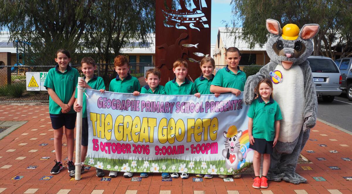 Students from Gegraphe Primary School, along with school mascot Super Poss, are gearing up for the 2016 Great Geo Fete. Photo by Lily Yeang. 