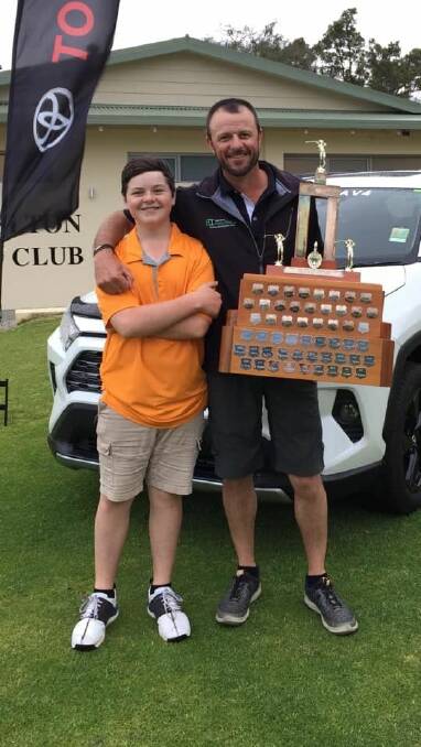 Adam Davey with his 13 year old son Kai, who also finished 3rd Overall Nett during the long weekend competition. Photo is supplied.