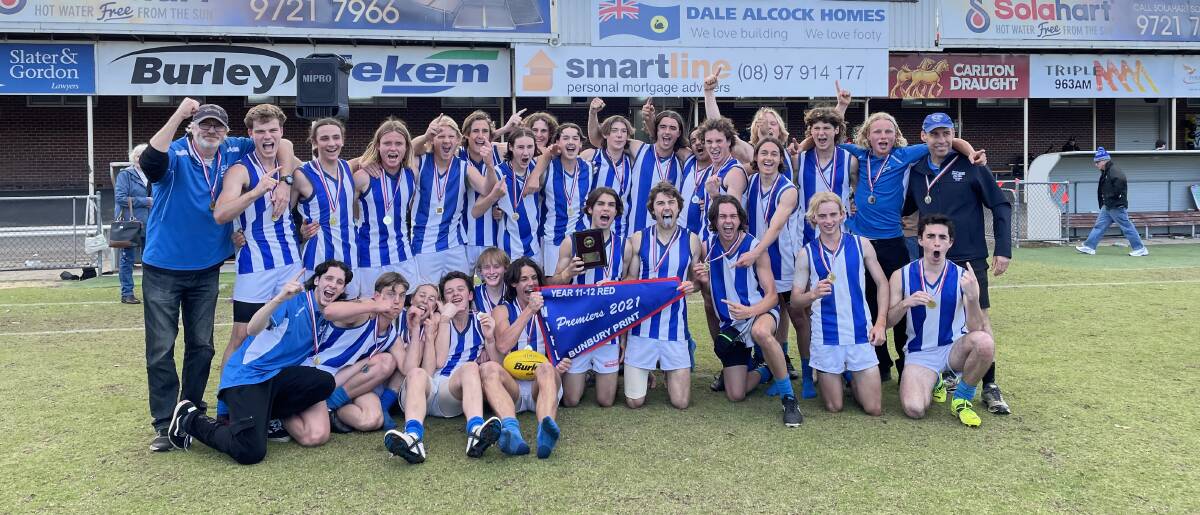 The year 11 and 12 Dunsborough Sharks Football team after winning the 2021 grand final. Photo is supplied.