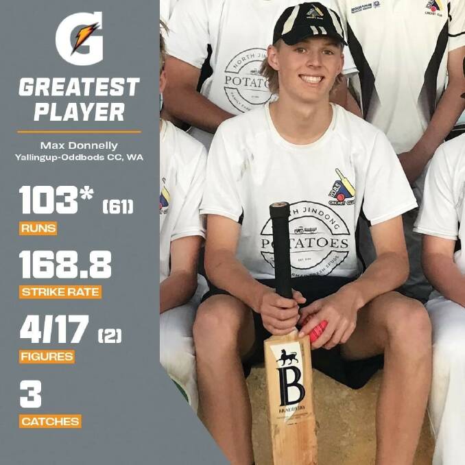 MAXED OUT: Junior allrounder Max Donnelly struck an outstanding 103 not out off 61 balls in a Friday night Under-16 T20 game for YOBS against Saints at Barnard Park last week, also taking 4-17 and holding three catches. Photo Supplied.