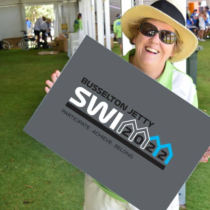 Busselton Jetty Swim event coordinator Di Bruce with the 2022 event theme. Photo is supplied.