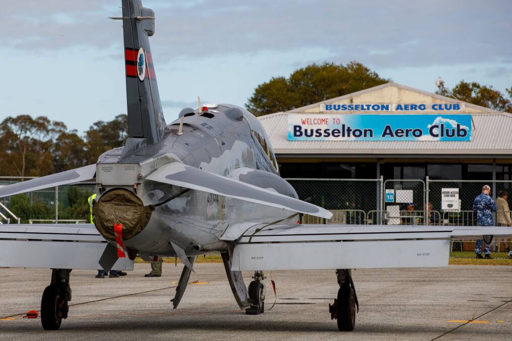 A Hawk 127 lead-in fighter from No. 79 Squadron in position as a static display to commemorate the Air Force Centenary at the Busselton Margaret River Airport Open Day in November 2021. Picture supplied.