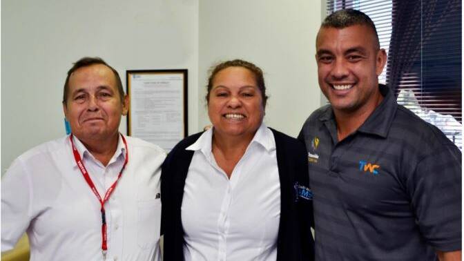 Crimestoppers' Craig Somerville, SWAMS CEO Lesley Nelson and AFL great and
Crimestoppers ambassador Daniel Kerr. Image supplied.