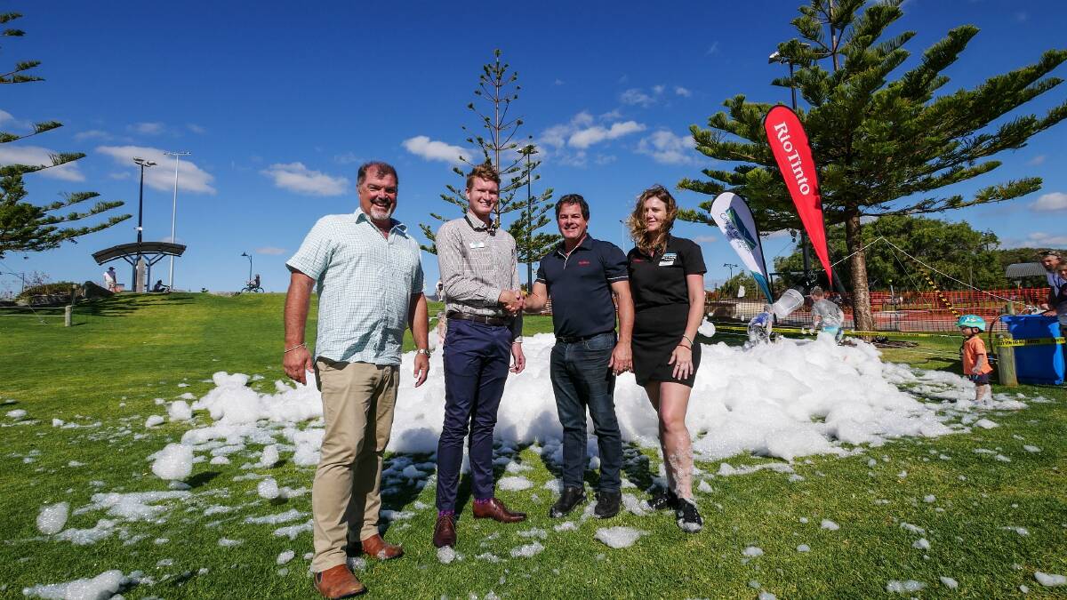 City of Busselton mayor Grant Henley, youth development trainee Tyson Vincent, Rio Tinto's Justin Francesconi and City youth development officer Angela Griffin at the Youth Precinct's foam party. Image supplied.