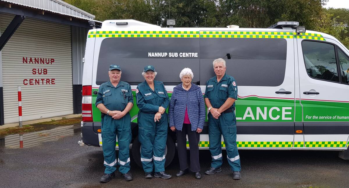 St John Ambulance Nannup volunteers Peter Johnson, Sue Smith and Warren Smith with past volunteer Kelva Kealley, centre. Image supplied.