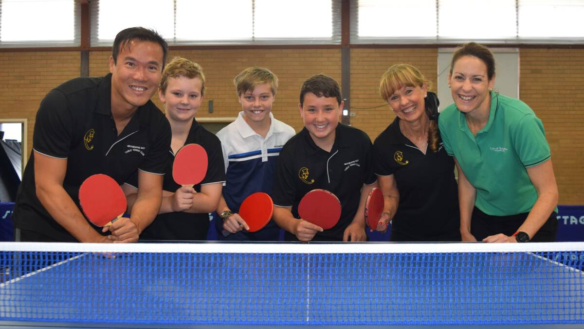 Club coach Matt Cheng, Geographe Bay Table Tennis Club committee member Yvonne Cleal and City of Busselton community development officer Naomi Davey with juniors Alfie Foster, Jamie Liston and Obie Herring. 