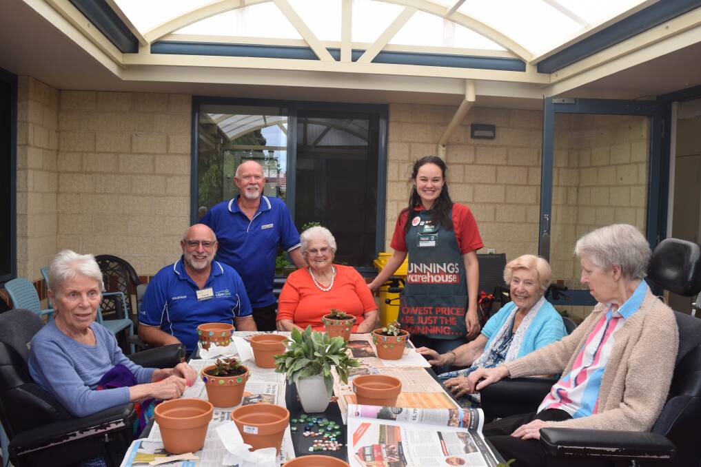 Capecare residents and staff decorate pots and learn about planting from Bunnings Busselton's Breeanna Forestier. Image Sophie Elliott.