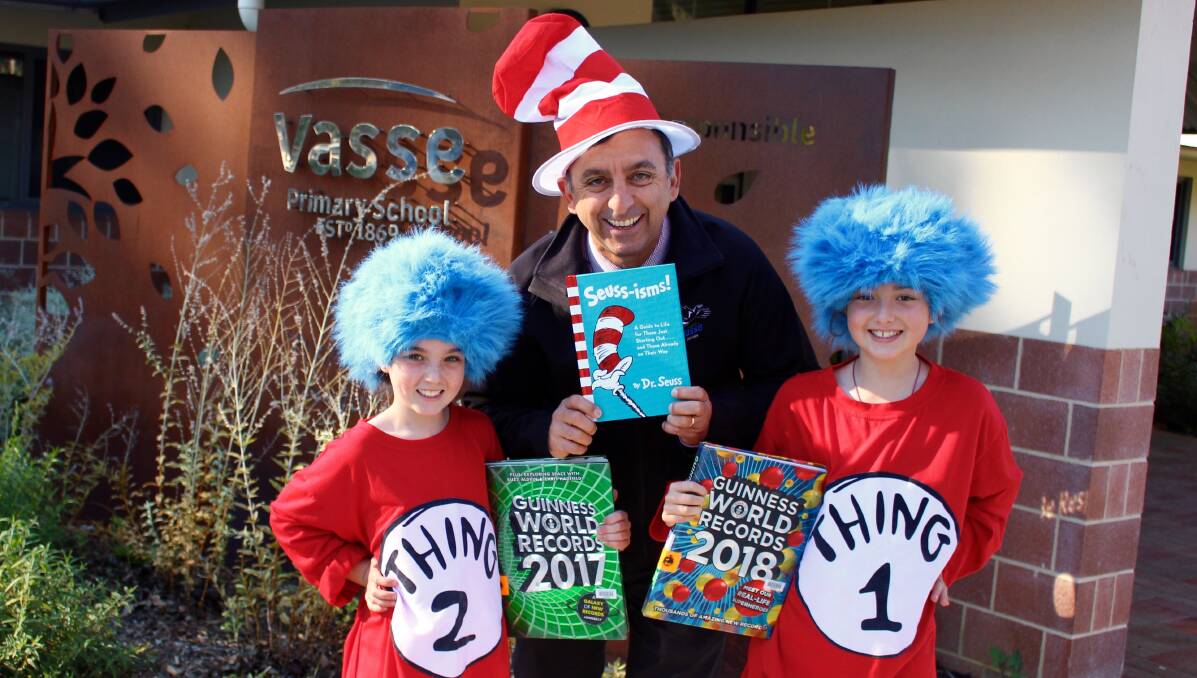 Vasse Primary School principal Sinan Kerimofski as Cat in the Hat with students Bella and Emma as Thing 1 and 2. Image supplied.