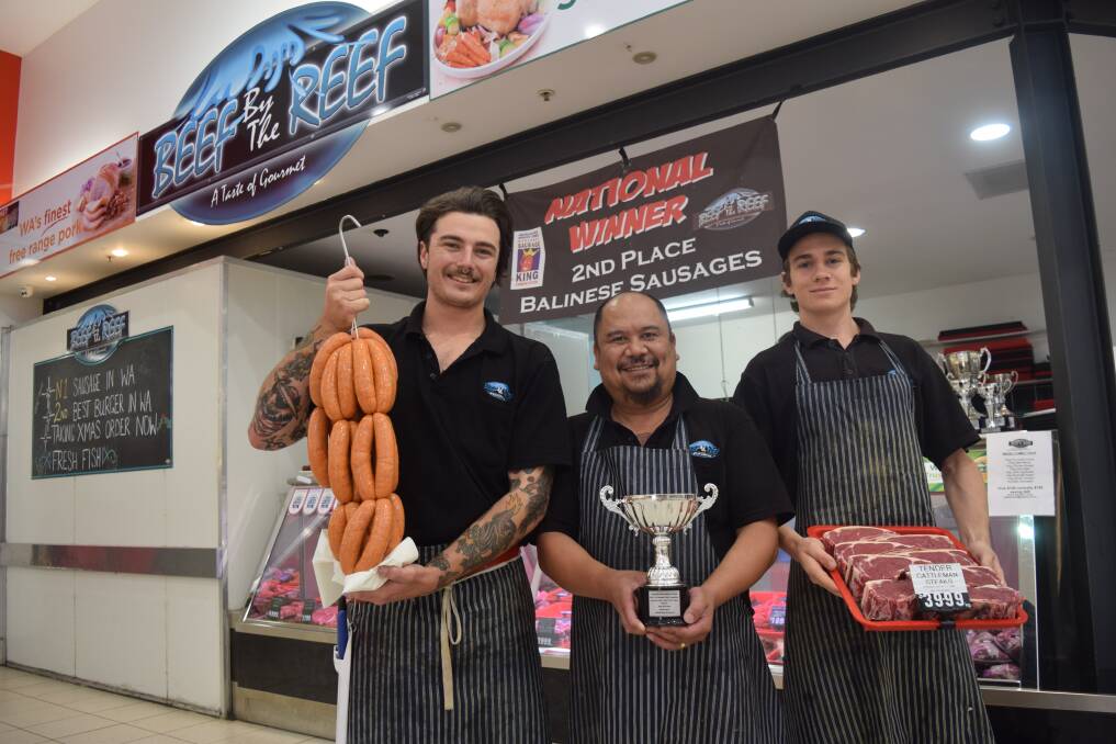 Beef by the Reef's Jordan Petrelis, owner Robert Tan and Liam Green with some of the award-winning produce. Image Sophie Elliott.
