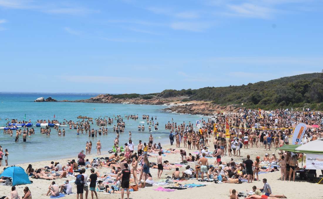 Meelup Beach is often a site of celebration. Here it is packed with 2017 Leavers. Image Sophie Elliott.