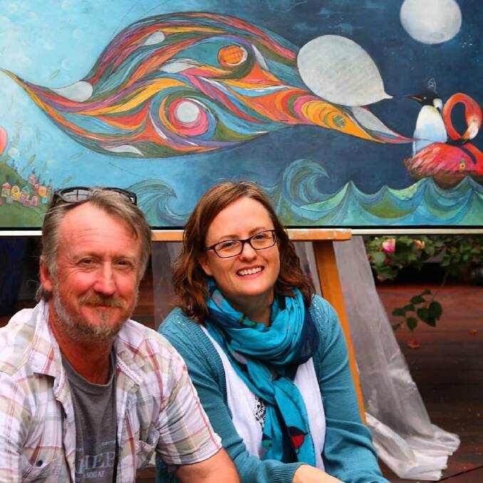 Artist Sharon Hinchliffe with partner Cam Hibberd in front of her work. Image Peter Griffin.