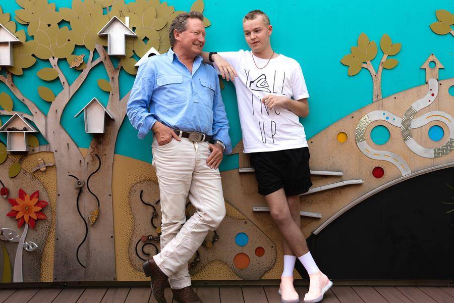 Billionaire philanthropist Andrew Forrest with Busselton's Baxter Hutchinson. Mr Forrest has agreed to match Baxter's fundraising campaign dollar for dollar if he hits his $100,000 target. Image supplied.