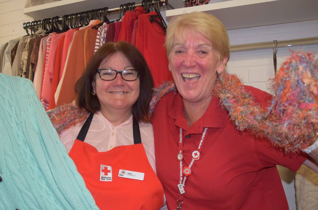 Australian Red Cross Op Shop Busselton store manager Tania Semark and volunteer Helen Griffiths are ready to stock the shop with winter supplies. Image Sophie Elliott.