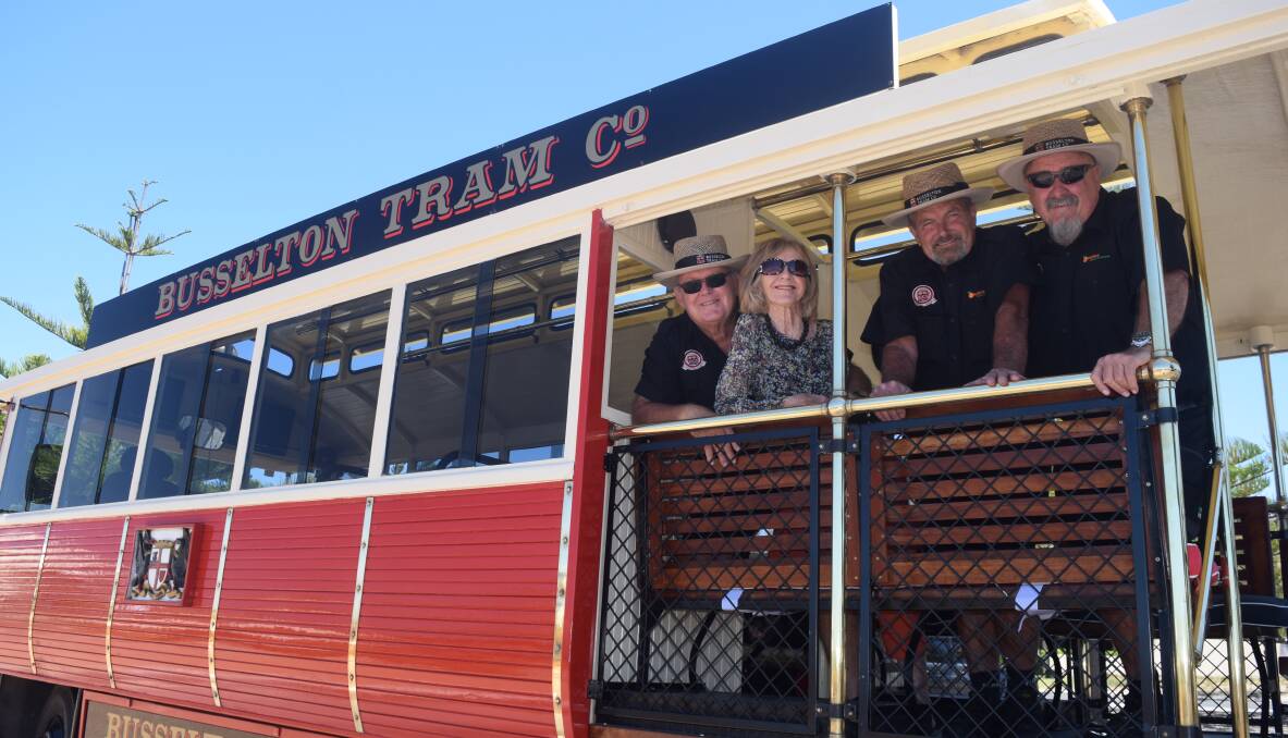 Busselton Tram Co owners Peter and Shirley Turner with drivers John Sims and Peter Heggie on board the eye-catching new tourism venture. The tour aims to teach locals and visitors about Busselton's history. Image Sophie Elliott