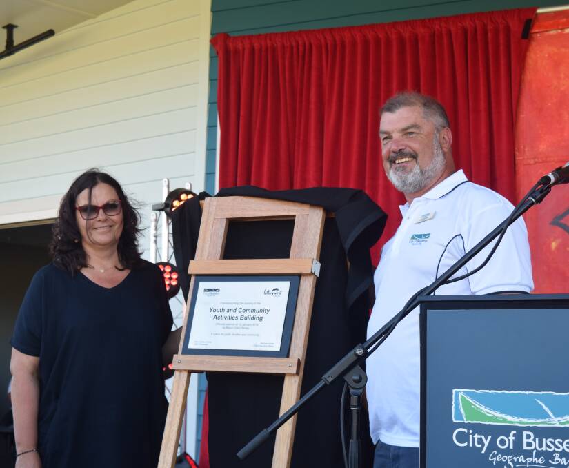 Busselton Surf Life Saving Club's Helen Rabjones and City of Busselton mayor Grant Henley officially open the Youth and Community Activities Building. Image Sophie Elliott.