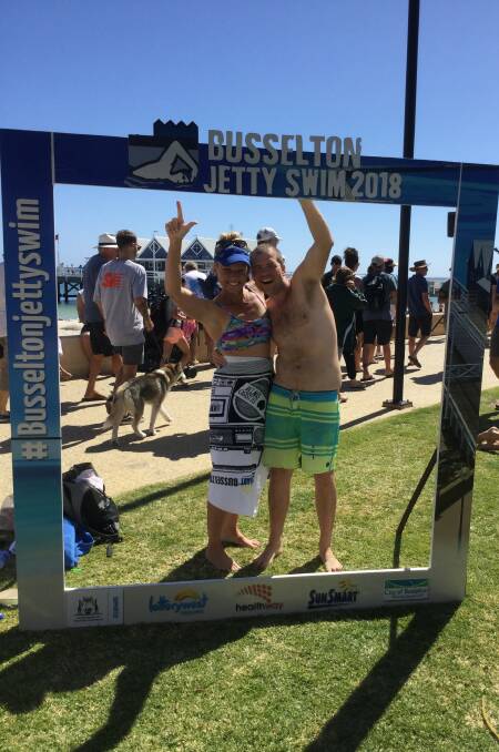 Swimming instructor Tammy Thornley and Dunsborough's Tahrn Campbell after completing the Busselton Jetty Swim. Image supplied.