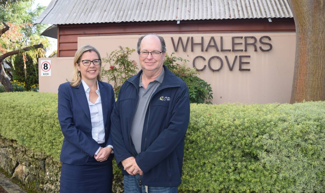 Vasse MLA Libby Mettam and Whalers Cove Villas manager Tony Miller are critical of the cost of water in Dunsborough. Image Sophie Elliott.