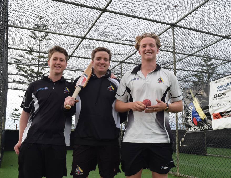 YOBs batsman Troyden Thorp, club captain Ben Payne, and bowler Ky Spowart are keen for a successful summer of cricket. Image Sophie Elliott.