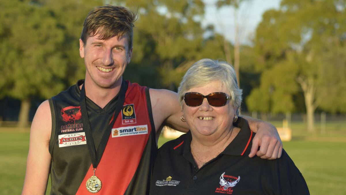 Busselton Bombers player Dale Blincow was awarded the Leo Clifford medal, which was presented by Anne Clifford. Image Jade Docking.
