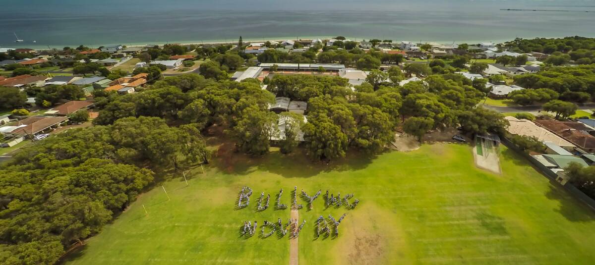 West Busselton Primary School were captured by drone making a statement to promote the national anti-bullying day. Image supplied.