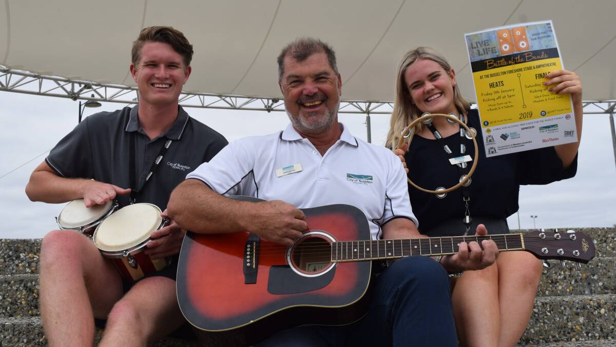 City of Busselton youth development trainees, Tyson Vincent and Grace Richmond, and mayor Grant Henley are pumped for the Battle of the Bands.