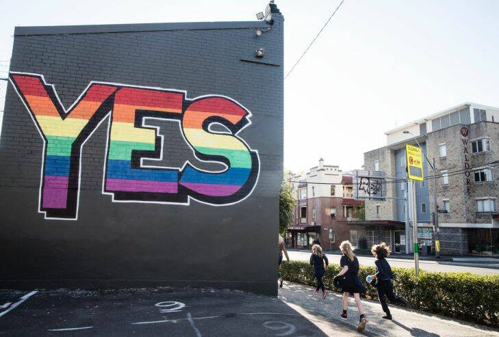 A YES sign on the corner of Clevland Street and Eveleigh Street, Redfern, Sydney in support of voting YES in the up and comming postal vote on same sex marriage, on September 8, 2017. Photo Jessica Hromas
