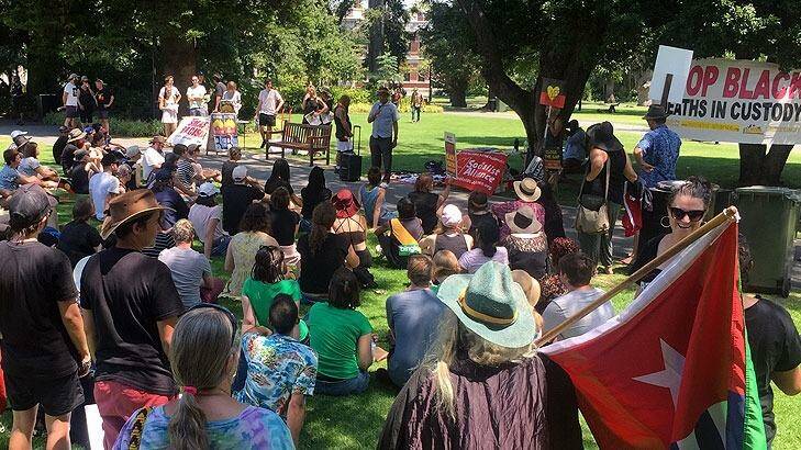 Protesters gathered at perth Supreme Court Gardens, demanding the date for Australia Day to be changed. Photo: Heather McNeill