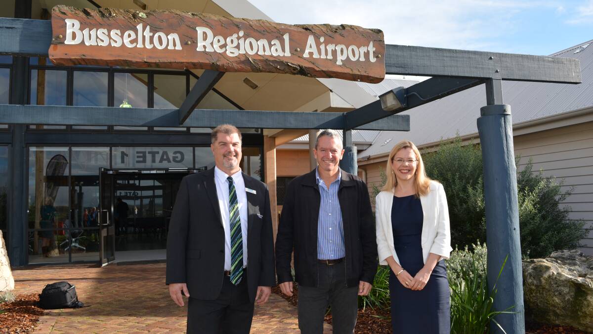 Busselton Regional Airport has been renamed to include Margaret River. City of Busseltion Mayor Grant Henley is with regional development minister Terry Redman and Vasse MP Libby Mettam at the airport funding announcement in June 2015.