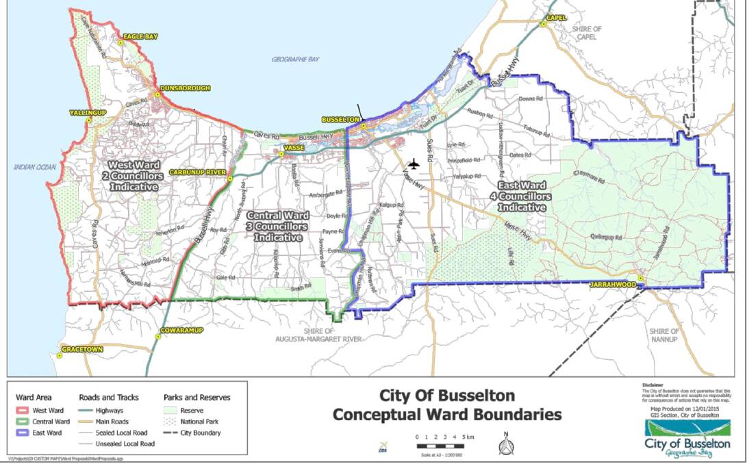 If the ward-based system is passed the city would be split into three boundaries with four councillors representing east Busselton, three councillors representing west Busselton and two councillors for Dunsborough, Yallingup and Eagle Bay. 
